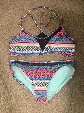 OP Aztec-Trim Two-Piece Bikini - Aqua, Pink, Blue, Black